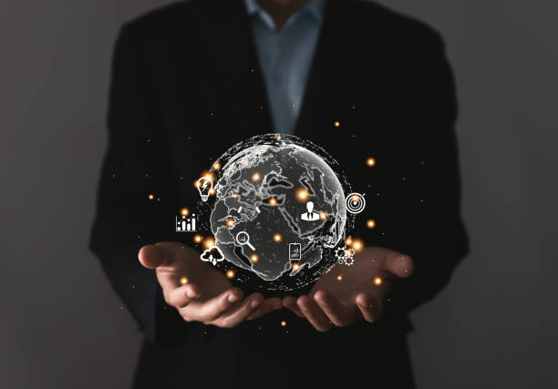 istock Businessman showing a globe with an icon. Big Data Digital Link Technology Internet connection application online. Concept of marketing business. Finance and Banking. global success 1437507245