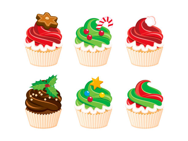 크리스마스 컵 케이크 아이콘 세트 벡터 - christmas cake stock illustrations