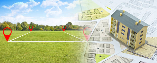 istock Land plot management - real estate concept with a vacant land for building construction, imaginary General Urban Plan with indications of urban destinations and condominium residential building 1437511209