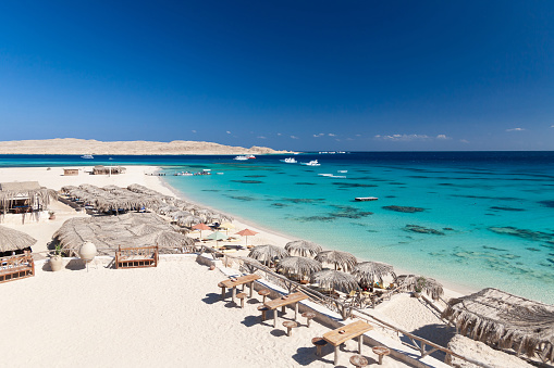 Beautiful amazing nature landscape. Tropical blue Red sea in Egypt. Luxury holiday resort in island Giftun. Paradise in Mahmya beach. Inspiring travel panorama. Sight in Hurghada.