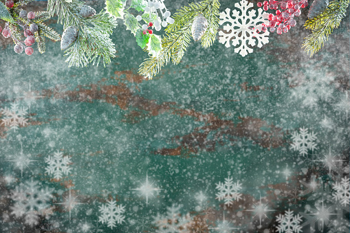 Christmas snowing background with top fir tree, snowflake, holly and copy space on green background and snow