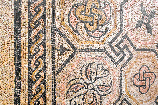 Horizontal close-up view of a religious mosaic in the Abbey of the Dormition, Catholic abbey of the Benedictine Order that marks the spot where Virgin Mary died, in Jerusalem