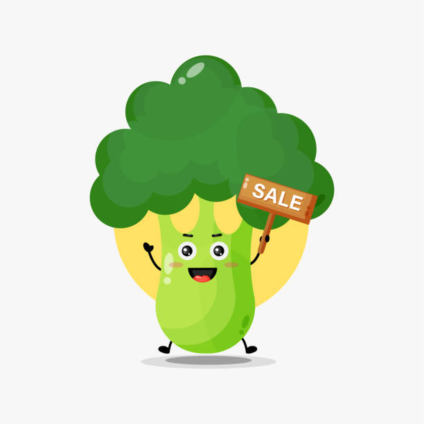 ilustrações de stock, clip art, desenhos animados e ícones de cute broccoli character with sale sign - healthy eating freight transportation globe planet