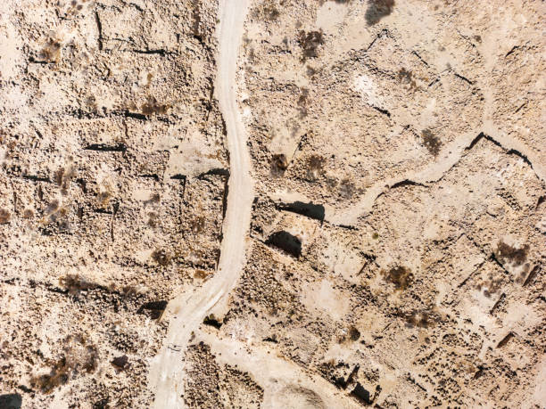 Ancient settlement ruins in Desert Landscape in Middle East. Surreal view of remote location during the day.