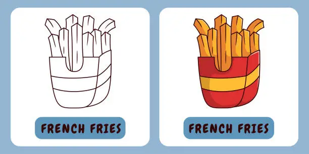 Vector illustration of French Fries cartoon illustration for children's coloring book
