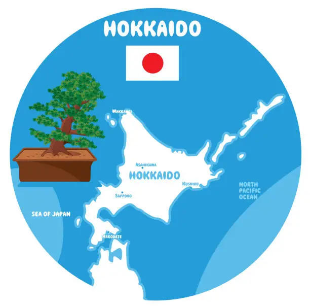Vector illustration of Hokkaido Island and Bonzai