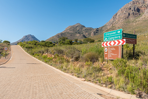 Algeria, South Africa - Sep 9, 2022: Directional and distance signs at Algeria Resort in the Western Cape Cederberg