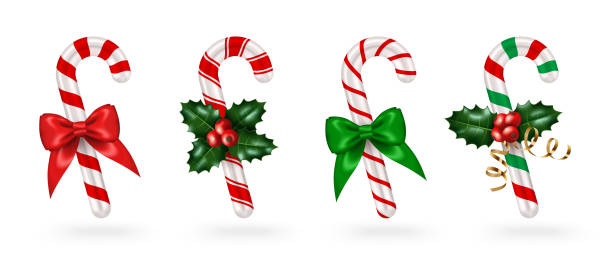 ilustraciones, imágenes clip art, dibujos animados e iconos de stock de candy cane 3d iconos cinta acebo - gift backgrounds bow cut out