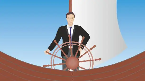 Vector illustration of Leadership. Man at steering wheel. Vector illustration.