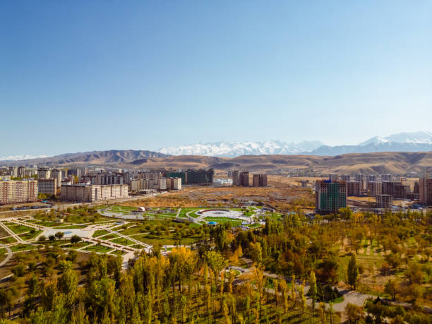 Panoramic aerial view of Victory park in Bishkek city Kyrgyzstan Panoramic aerial view of Victory park in Bishkek city Kyrgyzstan and Kyrgyzstan and Azerbaijan friendship park in Bishkek city bishkek stock pictures, royalty-free photos & images