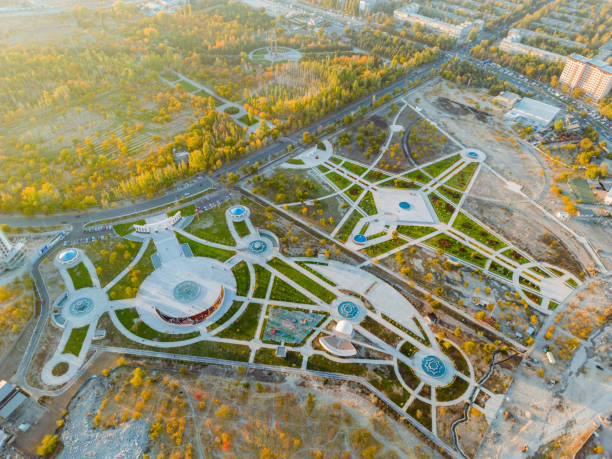 Aerial view of Kyrgyzstan and Azerbaijan friendship park in Bishkek city Aerial view of Kyrgyzstan and Azerbaijan friendship park in Bishkek city bishkek stock pictures, royalty-free photos & images