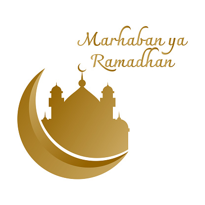Marhaban Ya Ramadhan Greeting with hand lettering calligraphy and illustration. Mosque building upon a moon illustration.