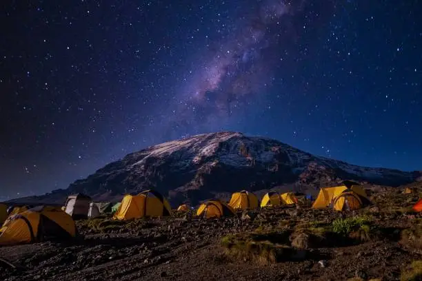 A beautiful scenery of yellow tents in the Kilimanjaro National Park