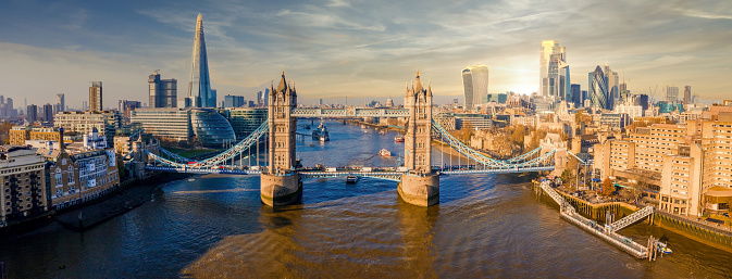 An aerial shot of Tower Bridge in London at sunset