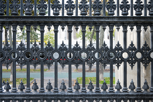 Close up of ornate retro vintage black wrought iron fence in public place with road and green grass strip in blurred background