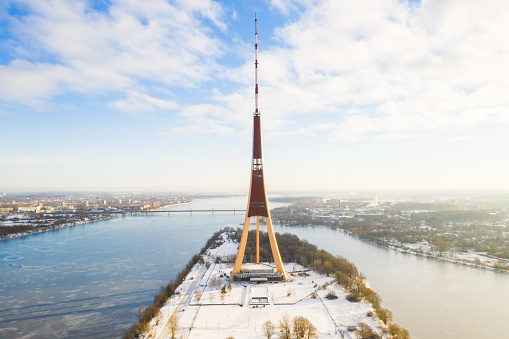 An aerial view of the Riga Radio and TV Tower