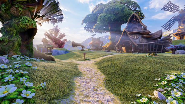 Small beautiful fantasy cartoon village scene, 3d rendering Small beautiful fantasy cartoon village scene, 3d rendering fairy tale village stock pictures, royalty-free photos & images