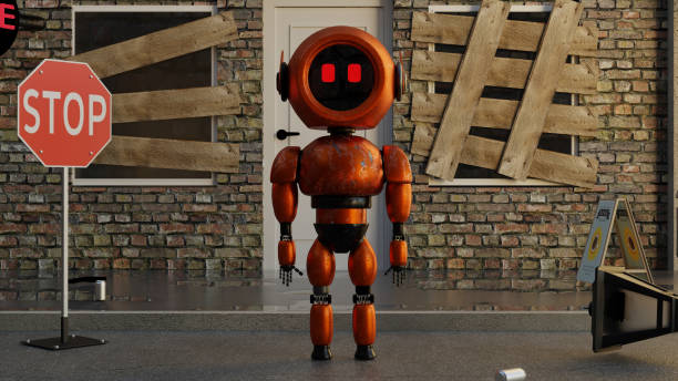 istock Post-apocalyptic orange robot on the background of a cafe 1437528158