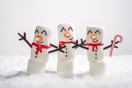 Happy funny marshmallow snowman are having fun in snow. Merry Christmas card. Christmas concept