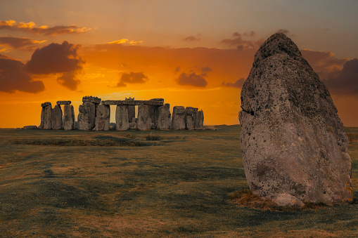 Digitally enhanced sunset view of the stone circle at Stonehenge, a UNESCO World Heritage site near Amesbury in Wiltshire, England