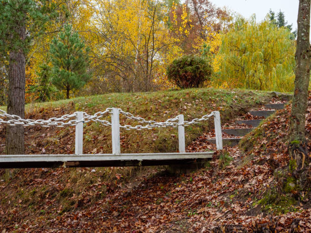 istock Iron bridge over a dried up lake to the steps 1437528841