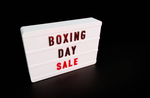 istock Boxing Day Sale Written White Lightbox Sitting On Black Background 1437529239