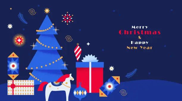 Vector illustration of Merry Christmas and Happy New Year greeting card, banner, poster, holiday cover. Modern Xmas design in blue, red, gold, white colors. Christmas tree, balls, fir branch, stars and toys, gifts elements.