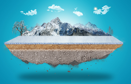 3d illustration of snowy road advertisement. snow road with mountains isolated. Travel and vacation background. piece of frozen land isolated, creative travel and tourism off-road design trees.