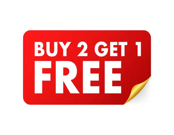 Vector illustration of Buy 2 Get 1 Free, sale tag, banner design template. Vector stock illustration.