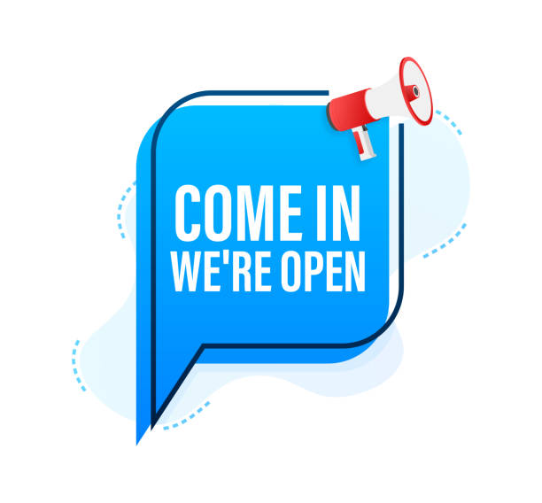 Hand Holding Megaphone with come in we are open. Megaphone banner. Web design. Vector stock illustration. Hand Holding Megaphone with come in we are open. Megaphone banner. Web design. Vector stock illustration megaphone borders stock illustrations