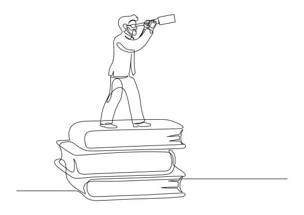 Vector illustration of Businessman staying on stack of books and looks into telescope. Continuous line drawing.