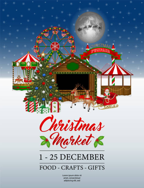 weihnachtsmarktplakat mit ständen und jahrmarkt - weihnachtsmarkt stock-grafiken, -clipart, -cartoons und -symbole