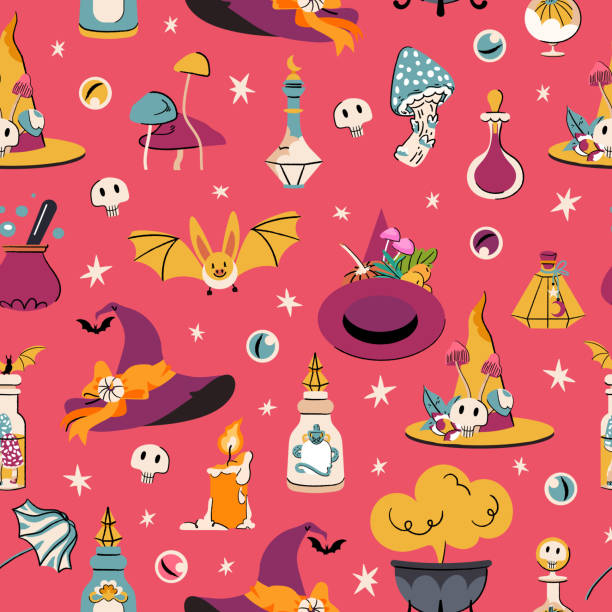 ilustrações de stock, clip art, desenhos animados e ícones de halloween vector seamless pattern with pumpkin, witch hat, candle, bat, cauldron and other. magic illustration for print, wrapping paper, fabric, wallpaper, cover - witch halloween cauldron bat