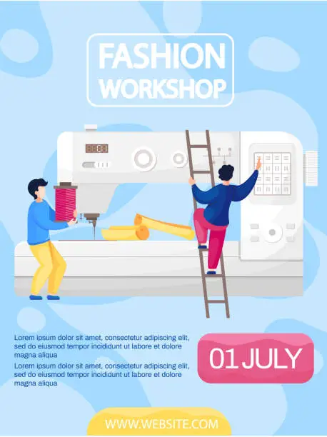 Vector illustration of Men insert skein of thread into sewing machine in tailoring studio. Fashion workshop concept poster