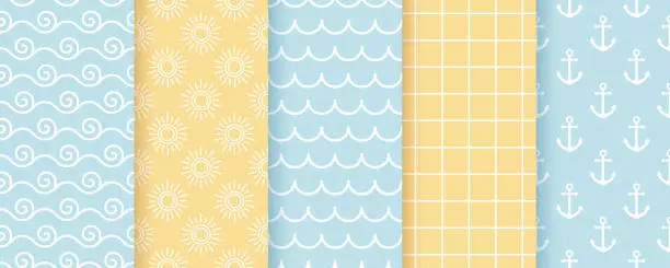 Vector illustration of Scrapbook seamless backgrounds. Blue yellow patterns. Vector illustration.