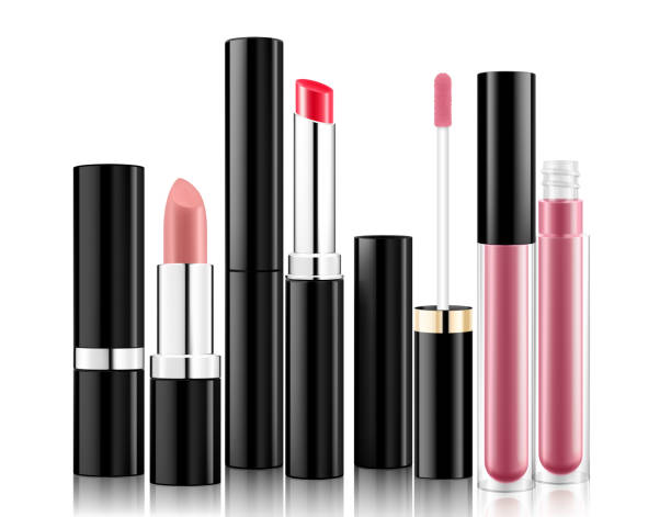 istock Set of lipsticks , lip balms and glosses mockup, isolated on white background. Lipsticks in trendy shades for your design, 3d realistic vector packaging illustration. Blank template of containers. 1437540652