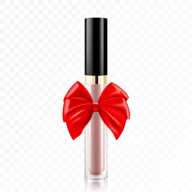 Vector illustration of Liquid lipstick or lip gloss with a red ribbon and bow, isolated. 3D realistic mockup. Present, Gift, Surprise concept. Cosmetics vector template. Use for advertising, banner, package design.