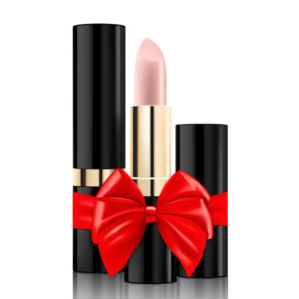 Vector illustration of Lipstick with a red ribbon and bow, isolated on white background. 3D realistic mockup. Present, Gift, Surprise concept. Cosmetics vector template. Use for advertising flyer, banner, package design.