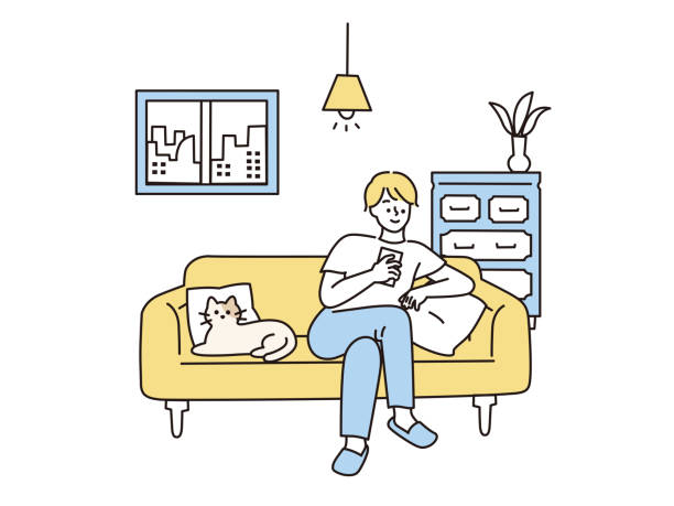 ilustrações, clipart, desenhos animados e ícones de ilustração relaxante em casa (férias, barulho, interior) uma ilustração para relaxar em casa. feriado, interior. - animal cell illustrations