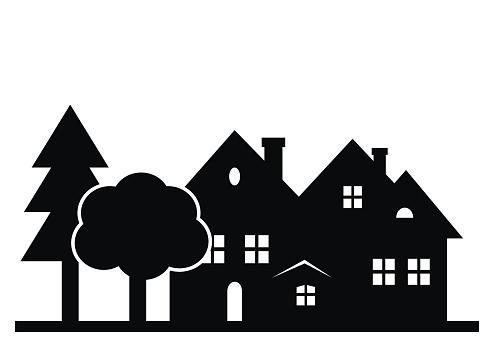 apartments, hotel,  houses and trees, landscape, black silhouette, vector illustration, white background