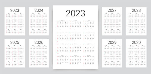 Calendar for 2023, 2024, 2025, 2026, 2027, 2028, 2029, 2030 years. Template yearly planner. Vector illustration. 2023, 2024, 2025, 2026, 2027, 2028, 2029, 2030 years calendar. Week starts Sunday. Simple calender layout. Desk planner template with 12 months. Yearly diary. Organizer in English. Vector illustration may 24 calendar stock illustrations