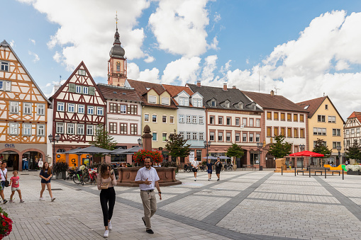 Tauberbischofsheim, Germany, September 7, 2022; Market square in the center of the picturesque town of Tauberbischofsheim, Baden-Württemberg; Germany.