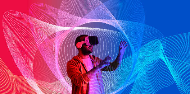 istock Playing games and making art in virtual environment with VR glasses. 1437544663