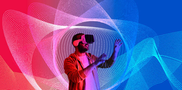 Playing games and making art in virtual environment with VR glasses. stock photo