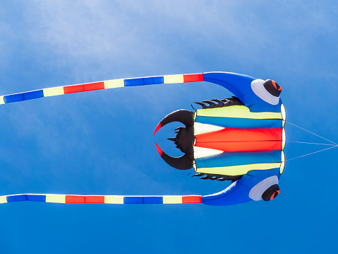 Large, brightly coloured kite flying under a blue sky.