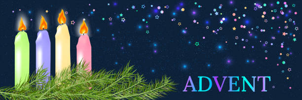 Advent banner with four candles, fir twigs Four beautiful Advent Christmas burning candles with festive decorations.Christmas wreath of fir branches, colored burning candles and bright star confetti on night background. Advent banner. Vector advent candle wreath christmas stock illustrations