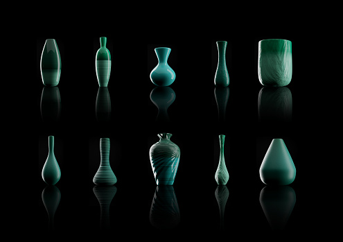 Ten different flower vases in turquoise teal color - 3D illustration Render