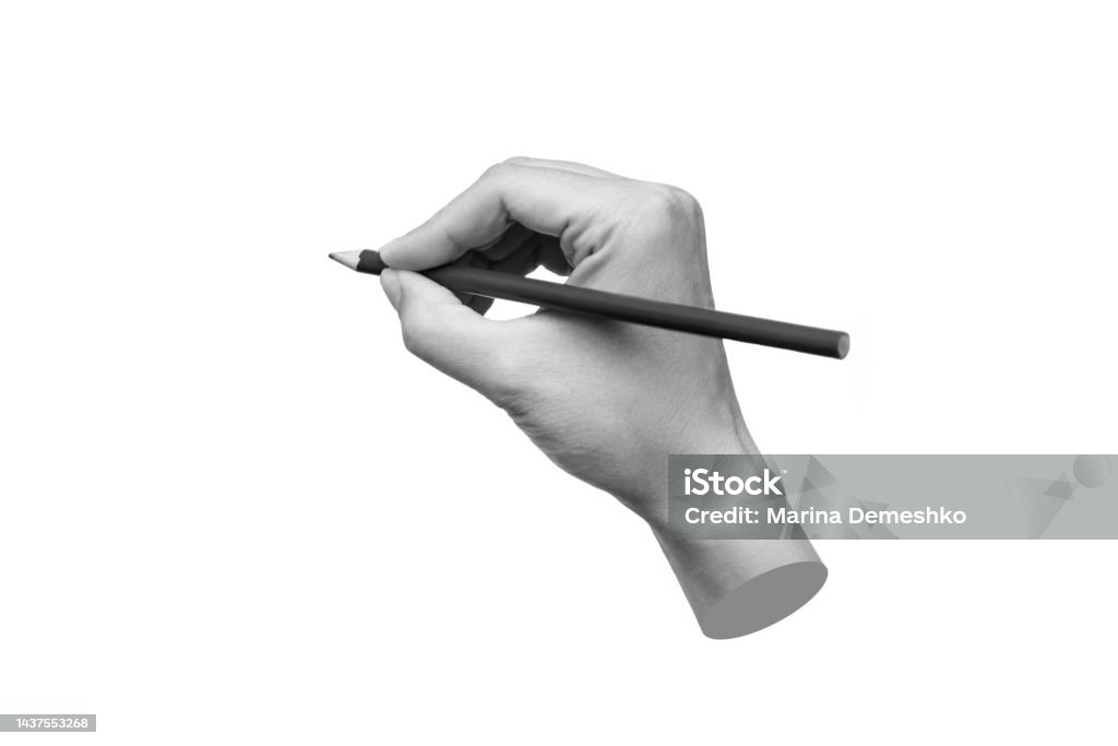 A female hand holds a pencil isolated on a white background. 3d trendy collage in magazine style A female hand holds a pencil isolated on a white background. Mockup with empty copy space for text and design. 3d trendy collage in magazine style. Modern contemporary art Writing - Activity Stock Photo