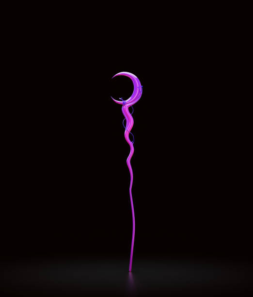 Pink and violet magic wand. Wizard stick and witch rod. Fantasy game asset, 3d rendering, nobody
