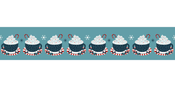 Fancy Christmas coffee cup seamless border pattern Fancy Christmas coffee cup seamless border pattern. Cute hot chocolate, cocoa drink mug repeat cartoon design element. Cozy winter mood, fun hand drawn banner background, card, flyer frame template christmas menu template clip art stock illustrations